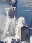 Aerial photo of the destruction of the North Tower
