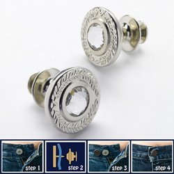 instant button, perfect fit, jeans, alterations, accessory, magic button, removable, weight, health, fitness, belt, rhinestone, waistline, waistband