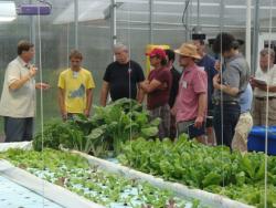 Aquaponics workshop attendees at Nelson and Pade, Inc.'s aquaponics greenhosue.