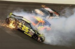 Steve Blackburn up top in the #68 just before getting hit by Steve Arpin and Milka Duno at the ARCA Lucas Oil Slick Mist 200 at Daytona International Speedway