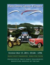 Artist's rendition of three vintage cars on the green at the Marin Civic Center, Marin County, CA