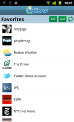 Picture of the VoKnow mobile audio news app for Android showing the Favorite News Sources Selection screen.