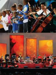 Students performing with the Silk Road Ensemble with Yo-Yo Ma