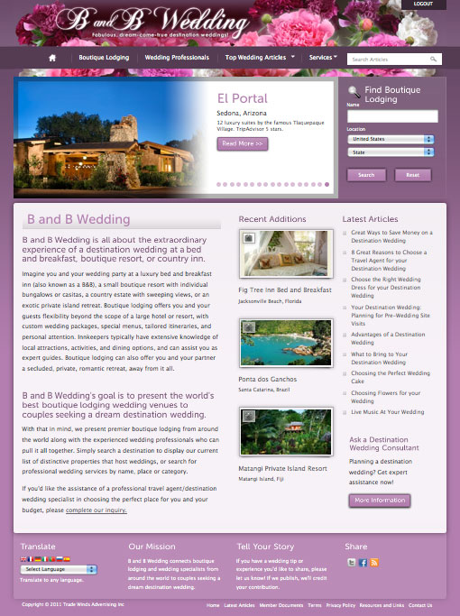 Home page of B and B Wedding promoting destination weddings at luxury bed 