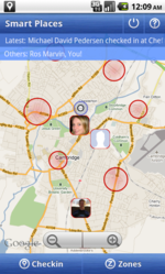 Smart Places notifies users when their friends check-in nearby, and shows an intuitive map overview. The red circles represent areas where the user is automatically checked in.