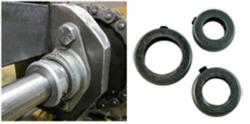 Shaft collars being utilized on a conveying system and showing the three sizes available.