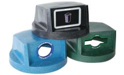 recycling containers, recycling bins, trash can, trash bin.