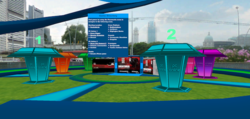 Singapore Games Village main island with game kiosk, game directory, and teleporters