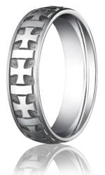 Comfort-Fit 14K White Gold Wedding Band with Designer Carved Crosses