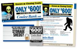 Coulee bank, tv commercial, print ad, e-mail marketing, billboard, the blu group, closing costs special offer, home mortgage special offer, bigfoot, aliens, storage wars, advertising, marketing