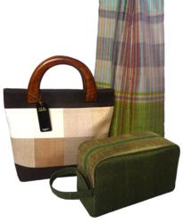 Fair Trade Cambodian silk accessories, including handbag, toiletry bag and scarf.