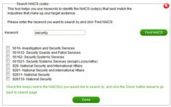 NAICS code keyword search popup