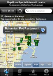 A screenshot of the map view of places Bourdain visits in the "Miami" epsiode.