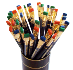 Blackwing pencils with green, blue and orange erasers.