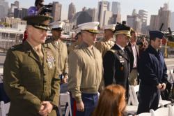 Military service members attend the announcement held aboard the Intrepid Sea, Air & Space Museum of the first-ever Veterans Week NYC scheduled for November 7-14, on Wednesday, Oct. 17, 2012 in New York. (Photo by Charles Sykes/Invision for USO/AP Images)
