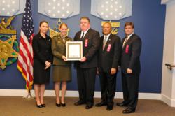 L to R: Dr. Laura A. Junor; Young Marines Sgt. Major McCall Behringer, National Young Marine of the Year; Mike Wilson, Red Ribbon Week coordinator; Major General Arthur Dean (Ret); and Joseph J. Angello, Jr., director of Operational Readiness and Safety,