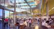 The architecture uses school colors and transparency to create a dynamic identity for students. Social spaces are given the same importance as formal learning spaces.