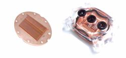 Asetek Gen4 micro-channel cold plate (left) incorporates center inlet, dual outlet flow first introduced in Asetek WaterChill Antarctic design