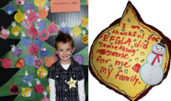 Dylan in front of the “Thankful Tree” at the 2011 Family Holiday Party (left). The ornament features one family’s thanks to the Epilepsy Foundation of Greater Los Angeles (right)