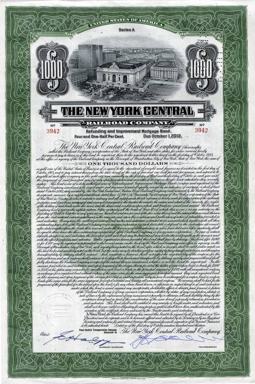 $1,000 New York Central /& Hudson River Railroad Bond Stock Certificate A