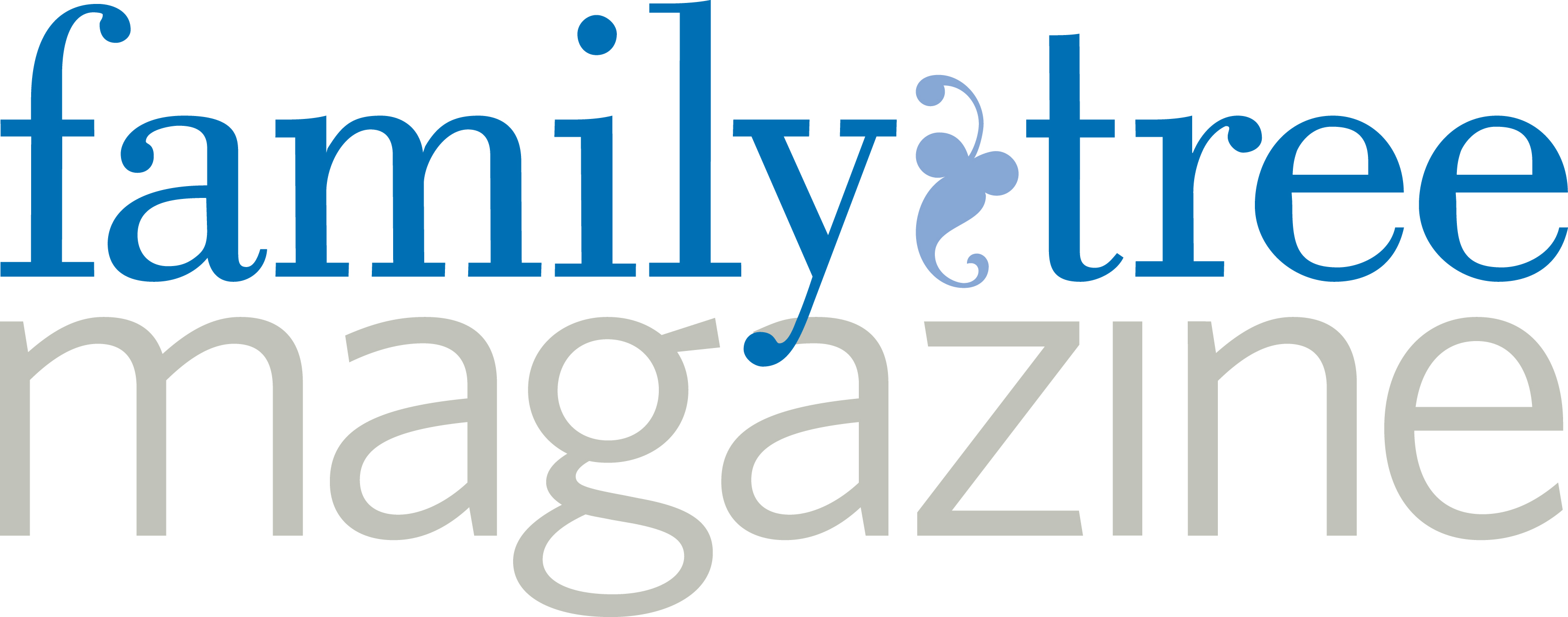 Logo for family tree magazine. Text with blue and white lettering
