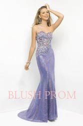 Blush Prom Dress Style 9500 in Lavendar has tiny beads cascade across the bustier and illusion waist www.blushprom.com