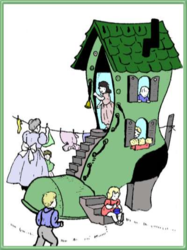 Photo of a giant shoe-house with kids playing in and around it