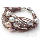 11-12mm Multi Color Freshwater Pearl Brown Leather Bracelet with Magnetic Clasp