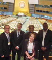At the UN Headquarters in New York, the IYOL was presented by Ana María Cetto and (back row from left) Philip Stahl, John Dudley, Anthony Johnson, and Yanne Chembo Kouomou.
