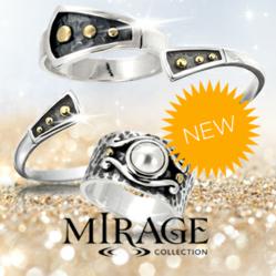 Photo of one Mirage Sterling Silver Bracelet with two Mirage Sterling Silver Rings with Mirage Jewelry logo and mention NEW