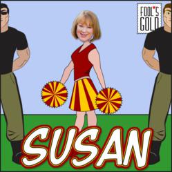 Author Susan Mallery as a cartoon cheerleader, guarded by two bodyguards