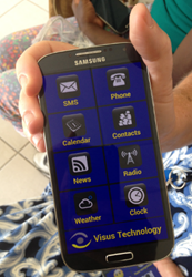 Hand holding a Galaxy S4 with Visus Technology software displayed