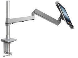 Swing Arm Clamp, iPad, tablet PC, eReader, bracket, extended arm, vertical shaft, home, classroom, retail, manufacturing, tradeshow, reading, watching videos, payment system stand, BYOD, device, mobile technology