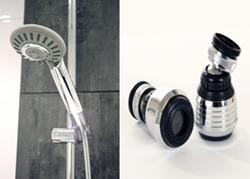 AGUAFLUX low flow shower head (left) and kitchen tap aerator.