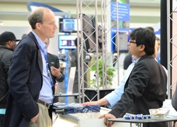 The busy exhibition floor is a perfect place to explore dual-use technology opportunities; above, part of the crowd on the floor at SPIE DSS 2013.