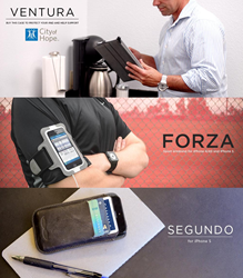 Ventura iPad folio, Forza iPhone armband, and Segundo iPhone wallet case.