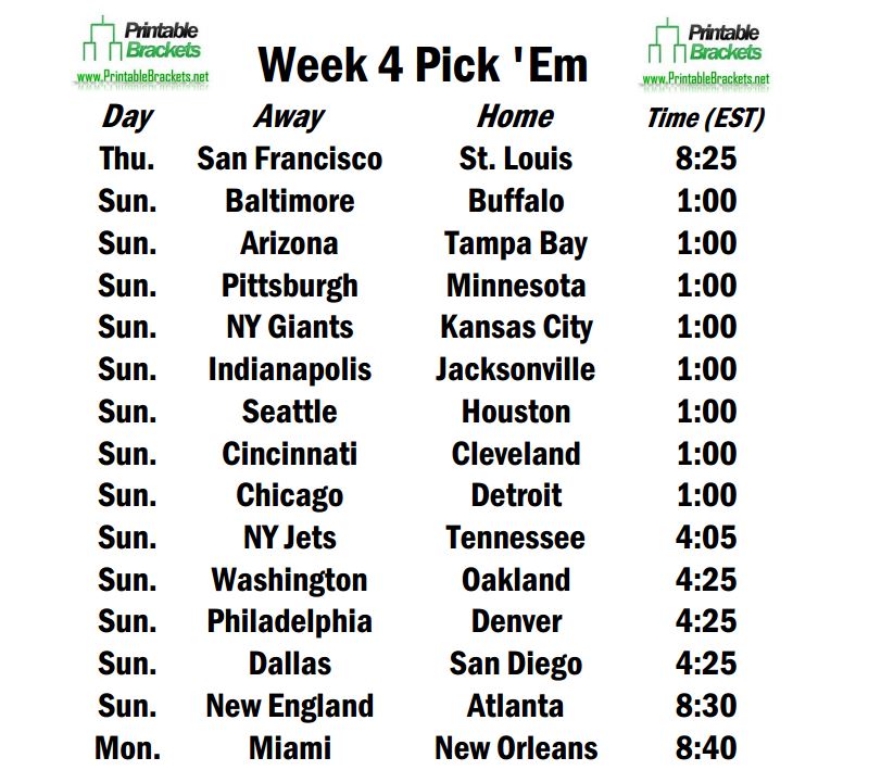 Week 4 Printable Nfl Schedule Printable Templates