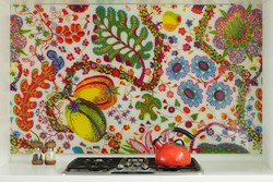 Custom Bendheim glass backsplash with a fabric interlayer