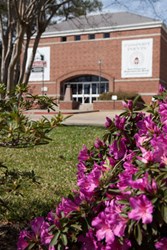 Admission building and azaleas in bloom