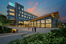 Exterior view of the Arlington Mill Community Center outdoor plaza, gymnasium and plaza level entry