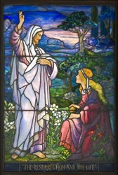 Gorgeous Tiffany Studios leaded stained glass window, 5 feet 3 inches tall, signed L. C. Tiffany (est. $60,000-$80,000).