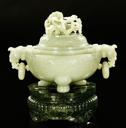 Monumental jade censer, China, Qing Dynasty (1644-1911), carved from a single piece of even white or pale celadon colored jade.