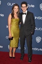 Actress Katie Lowes with the Jill Milan Octagon clutch at InStyle/Warner Bros. Golden Globe party, here with actor/producer Adam Shapiro. Jan 12, 2014, Beverly Hills. (Photo: Lester Cohen/WireImage)