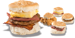 Loaded biscuit sandwich, chicken tender biscuit sandwich, country ham and cheesy egg biscuit sandwich, sausage biscuit sandwich, country ham biscuit sandwich