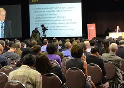 Opening-day plenary talks draw large audiences to hear high-level speakers; above, a speaker at SPIE Advanced Lithography 2013