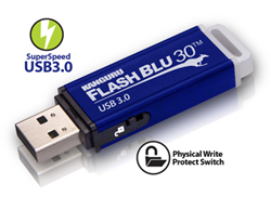 The Kanguru FlashBlu30 USB 3.0 flash drive with physical write protect switch offers high data transfer speeds, durability and convenience.