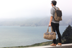 The Outback Duffel and Staad Laptop BackPack—waxed canvas with chocolate brown leather details; overlooking the San Francisco Bay