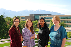 Salt Lake Community College anatomy students Caris Cassady (l-r), Jennifer Gebhardt, Kari Walker and Sandy Pick.