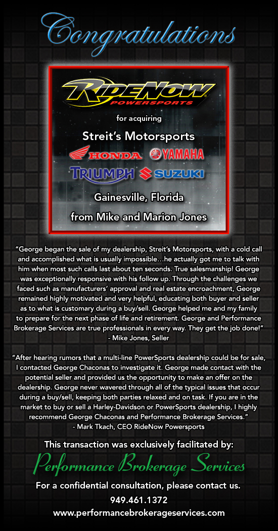 RideNow Powersports Buys Streit’s Motorsports with Help of Performance Brokerage Services, a