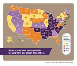 US map showing states that have more painkiller prescriptions per person than others.
